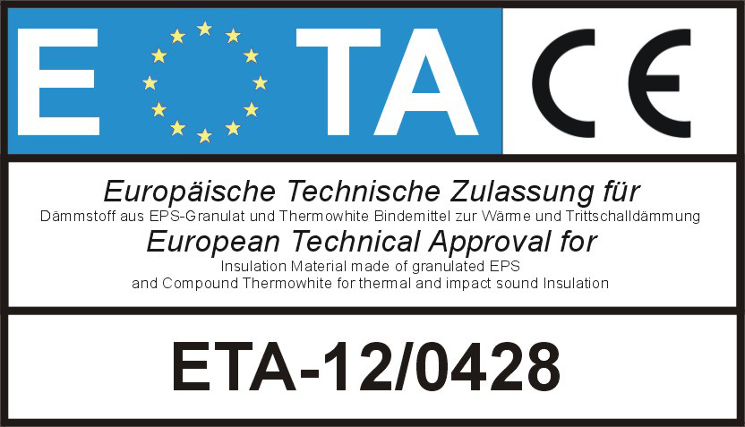 Europäische Technische Zulassung für Dämmstoff aus EPS-Granulat und Thermowhite Bindemittel zur Wärme und Trittschalldämmung.